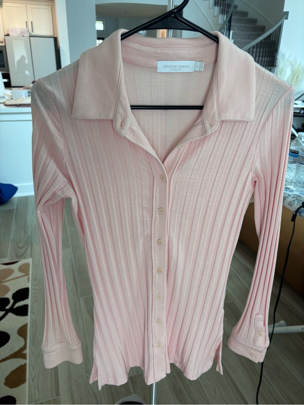 Jonathan Simkhai Light Pink Ribbed Button-Down Top